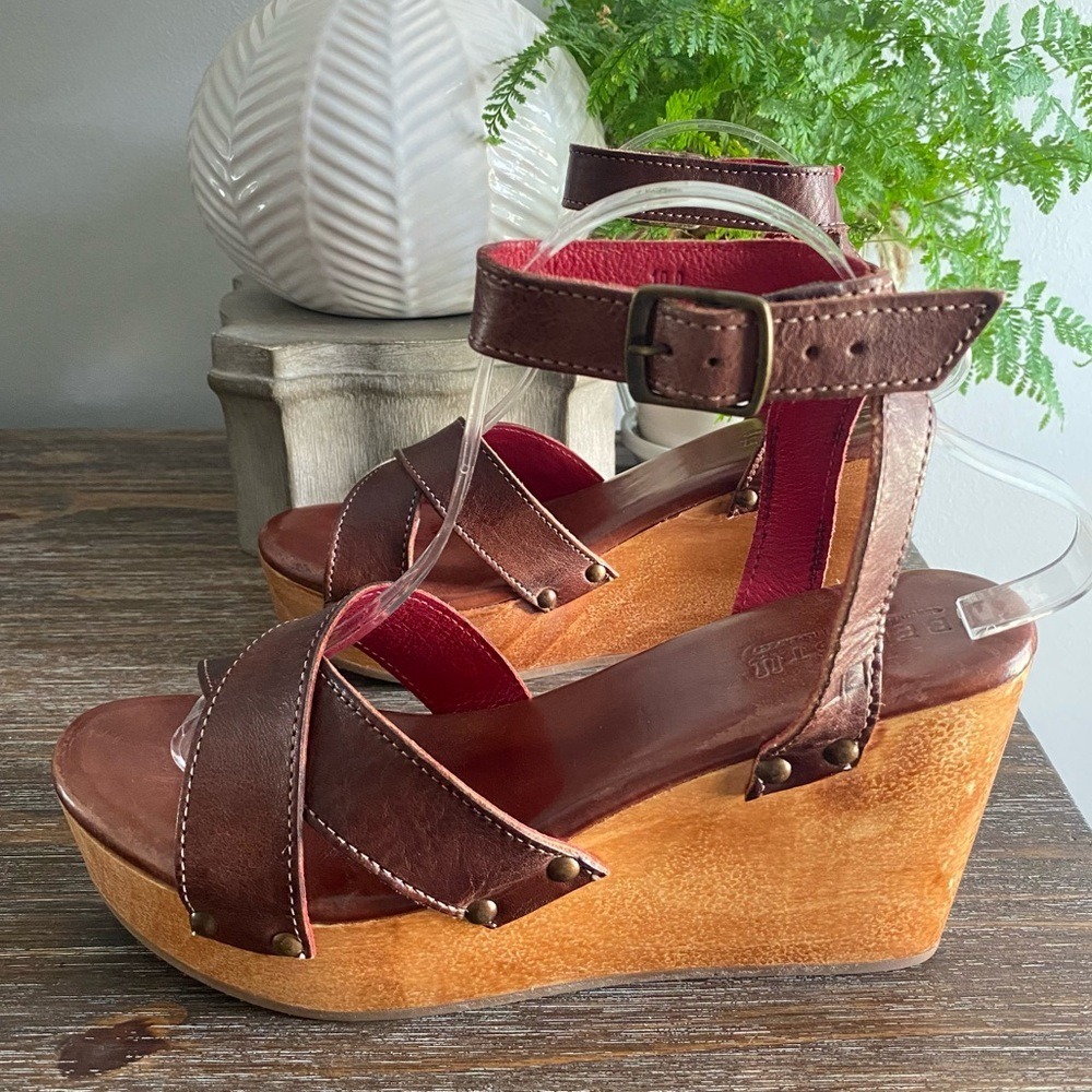 Bed|Stu Grettell Leather Wood Platform Studded Wedge Sandals 10 Brown Burgundy - Picture 2 of 12